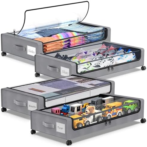 Molutsody Under Bed Storage with Wheels, 4-Pack Underbed Storage Containers with Clear Lids, Under Bed Shoe Storage Organizer, Rolling Under Bed Storage for Clothes Shoes Blankets (Grey) by Molutsody