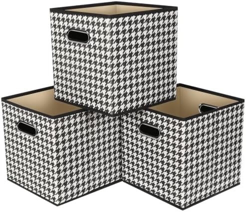 Fabric Cubby Storage Bins,13x13x13 Inches,Cube Organizer Bin Foldable Storage Boxes with Dual Handles Fabric Organizer Box and collapsible Storage basket,Set of 3,Houndstooth by Yunkeeper
