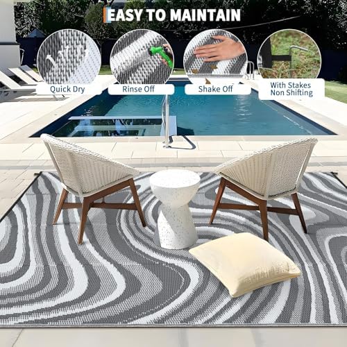 Outdoor Rug 8x10 Waterproof Patio Rugs Modern Abstarct Reversible Mat for Front Door Rv Foldable Plastic Straw Carpet for Travel Trailers, Deck, Porch, Camper, Balcony, Beach，Black/Grey - Image 3