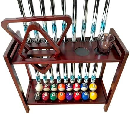 Pool Stick Holder Floor Stand Holds 9 Cues & Pool Table Accessories. Wooden 2-Tier Cue Stick Storage with Ball Rack Hangers, Billiard Cone Chalk Holder or Drink Pads by GACCOBILLIARDS