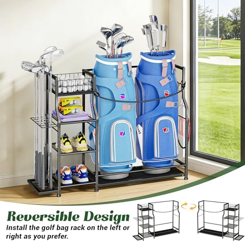 Golf Bag Storage Organizer for Golf Accessories, Golf Bag Stand with Extra Storage Rack for Golf Clubs & Golf Essentials, Golf Bag Holder for Garage Organization Fits 2 Bags, Metal & Wood Construction - Image 6