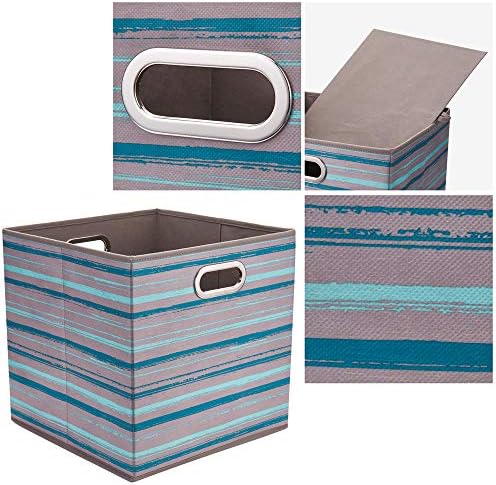 13 inch Collapsible Storage Cubes Bins Teal Stripes Fabric Storage Boxes Foldable Cube Inserts Storage Grey Printed Folding Cloth Storage Baskets Drawer Organizer ,QY-SC05-6 - Image 4
