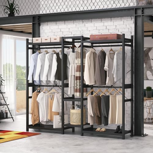Homykic Bamboo Clothing Rack with 7 Shelves, 5 Hang Rods, 70” Wide, Black - Image 2