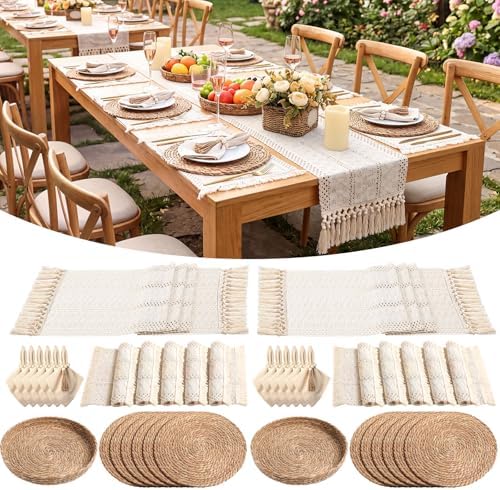 12 Sets Boho Placemat Table Runner Napkin Rings, White, 12x72 by Gandeer