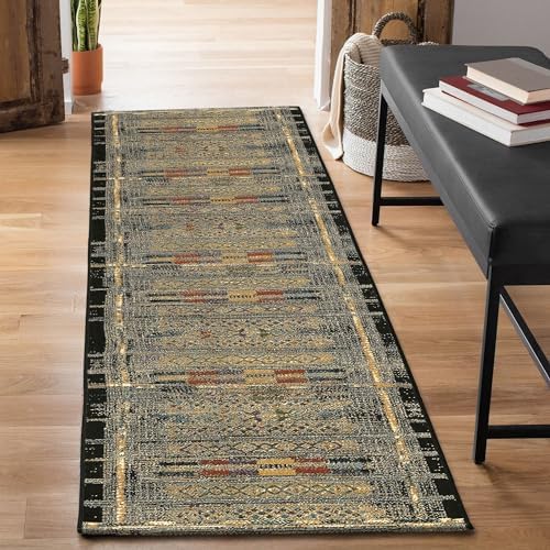 Liora Manne Marina Low Profile Durable Indoor/Outdoor Woven Rug- Tribal Stripe Black 1'11" x 7'6" by LushDecor