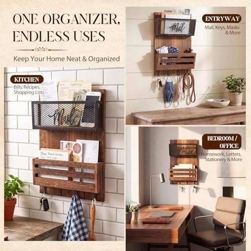Yalikop Mail Organizer Wall Mount with Key Hooks, 2-Slot Wood Mail and Key Holder, Rustic Farmhouse Wall File for Entryway, Letter and Bill Sorter Organizer for Files, Keys and Magazines - Image 5