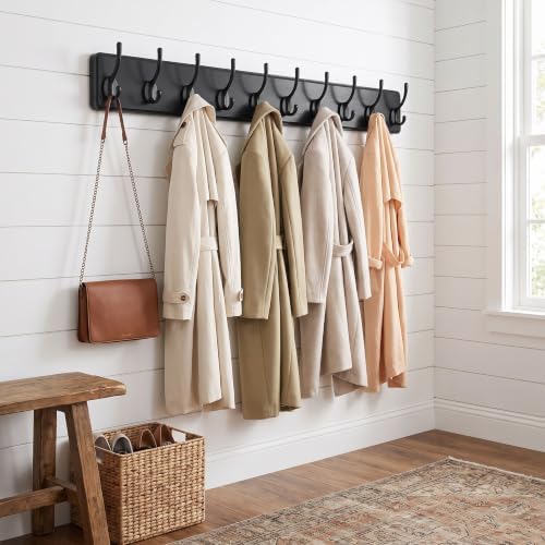 WEBI Coat Rack Wall Mount,10 Hooks,38 9/16" Long Coat Hooks Wall Mounted,16" Hole to Hole,Large Wood Coat Hanger Wall,Hook Rack for Hanging Coats,Jacket,Clothes,Hats,Black,2 Packs - Image 2