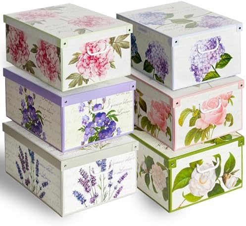 Lavatelli: Storage Box 6 Pack: Large - Flower Mix - Lid & Handles, Decorative Cardboard Organizer, Stack-Fold, Home-Clothes-Linens, 19.7 x 15.4 x 9.4 by Lavatelli