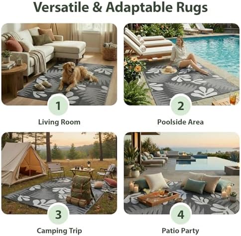 wikiwiki 9x12ft Outdoor Rug, Reversible Plastic Patio Rug Waterproof, Indoor Outdoor Carpet Clearance, Large Area Carpet for Patio Deck Balcony Pool RV Camping Beach Picnic, Grey Small Leaves - Image 6