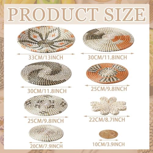 11 Pcs Boho Hanging Wall Basket Decor Handmade Woven Basket Wall Decorative Boho Wicker Baskets Placemats Round Farmhouse Bulrush Art for Rustic Home Decorations Christmas Gift(Cute) - Image 3