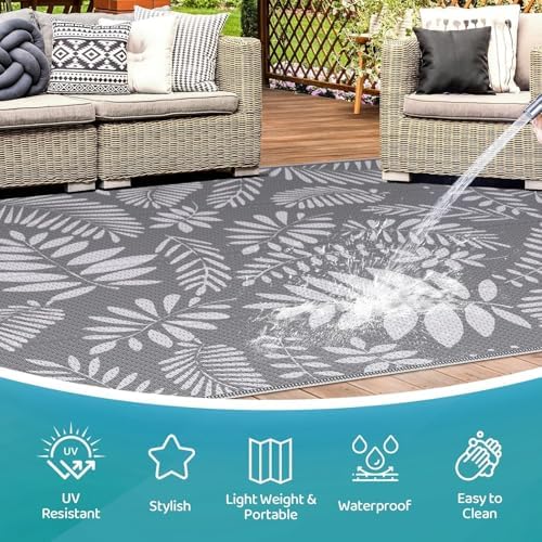 StepRite Outdoor Rug, Patio Rug, Plastic Straw Camping Rugs, Large Waterproof Area Rug and Mat for Outdoors, RV, Patio, Backyard, Deck, Porch, Beach, Balcony, (8'x 10', White&Gray) - Image 3