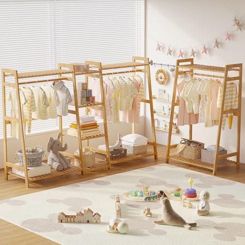 BAMBOOHOMIE Kids Clothing Rack with Shelves, Bamboo Clothes Garment Rack for Kids Child Baby, Kids Dress Up Storage Rack with Top Shelf, Toddlers Wardrobe Closet for Nursery (Large Size) - Image 4