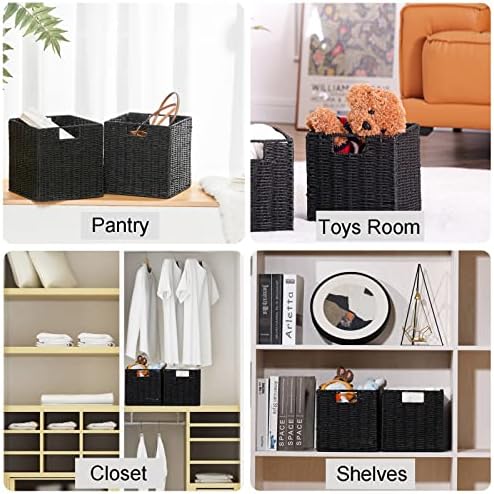 Vagusicc Wicker Storage Baskets, Set of 2 Hand-Woven Foldable Cube Storage Baskets for Shelves with Handles 13 inches + Set of 2 Small Wicker Storage Baskets for Organizing Toilet Shelves,Black - Image 5
