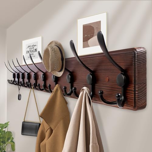 Kuhome 38.6'' Large Coat Rack Wall Mount Coat Hooks Coat Hanger with 10 Metal Black Triple- Hooks Brown Pine Real Wood Plank Hat Rack for Wall Hooks for Hanging Coat Hat Jacket - Image 4