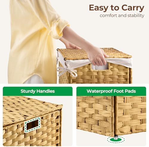 GREENSTELL Storage Basket with Lid, 27.7 Gallon(105L) Lagre Wicker Blanket Storage Basket with Handles, Foldable, 2 Removable Liner Bags, Metal Frame, for Bedroom, Laundry Room, Natural - Image 3