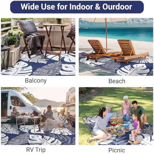 GlowSol Waterproof 9x18 Outdoor Rug for Patio Reversible Plastic Straw Rug Floral Camping Carpet with Carry Bag, Stain & UV Resistant Portable RV Carpet for Camper Deck Balcony Porch Beach Picnic,Navy - Image 6