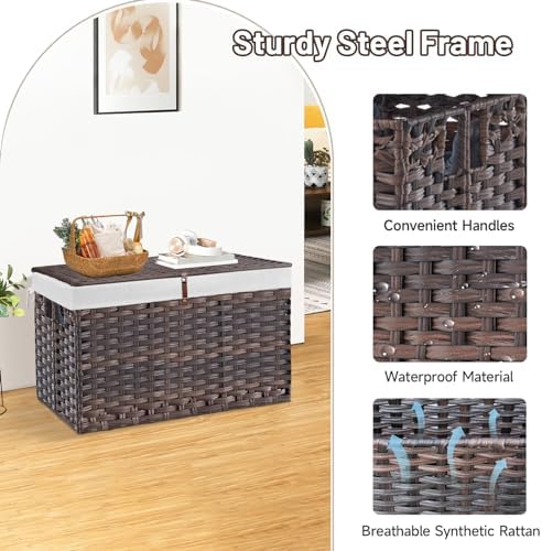 180L Wicker Storage Basket with Lid, Handwoven Rattan Large Shelf Basket with Removable Liner, 47.6 Gallon Wicker Basket for Blanket, Storage Trunk with Handle for Closet, Bedroom, Livingroom, Brown - Image 6