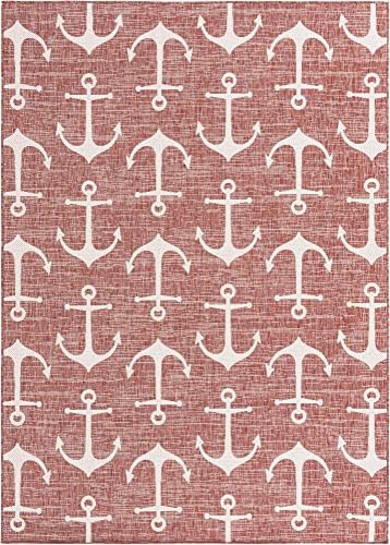 Unique Loom Outdoor Coastal Collection Area Rug - Ahoy (7' 1" x 10' Rectangle, Rust Red/ Ivory) - Image 3