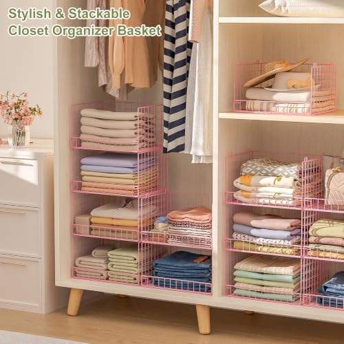 4-Tier Closet Organizers and Storage, Stackable Closet Organizer Basket, Foldable Closet Shelf Organizer Basket, Stackable Storage Bins and Organizer Shelves for Home Closet Organizer System, Pink - Image 2