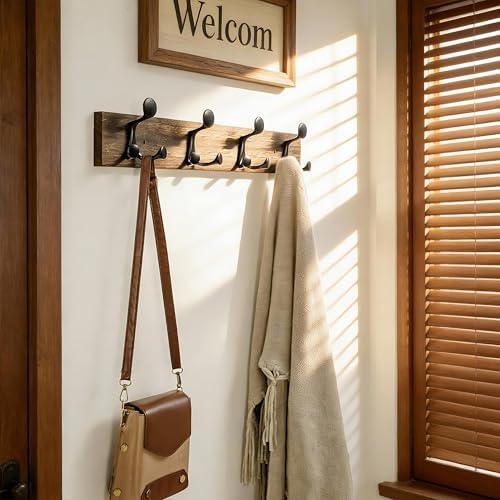 SKOLOO 24-Inch Wood Burnt Coat Rack Wall Mount with 4 Triple Hooks - Ideal for Family Entrances, Classrooms, and Pet Supplies Storage - Perfect Coat Hooks for Wall - Image 2