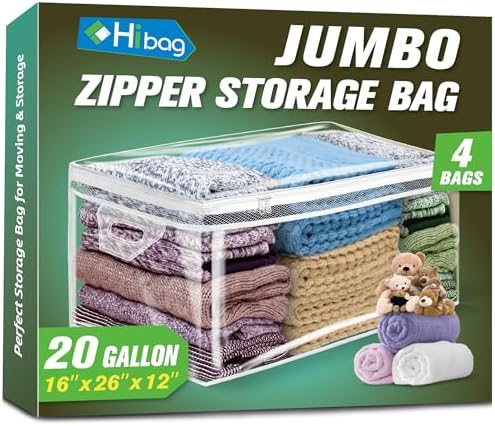 HIBAG 20 Gallon Large Storage Bag for Clothes, Zipper Clothing Storage Bag, Clear Organizer with Reinforced Handles, for Comforters Blankets Pillows Bedding (4 Pack) by HIBAG