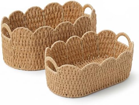 Scalloped Woven Storage Basket Set of 2 – Handwoven Paper Rope Organizer Bins with Handles for Shelves, Towels, Toys, Laundry & Nursery Storage – Decorative Boho Farmhouse Basket Set by AO