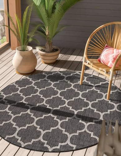 Unique Loom Outdoor Trellis Collection Area Rug (6' 1" Round Black/Ivory) - Image 4
