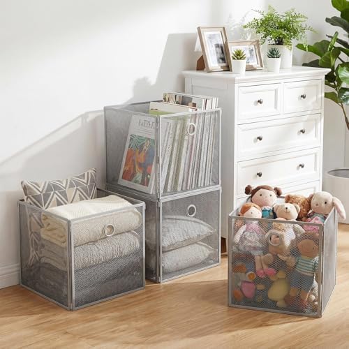 4 Pcs Foldable Metal Cube Storage Baskets, 13x13in, Grey - Image 3