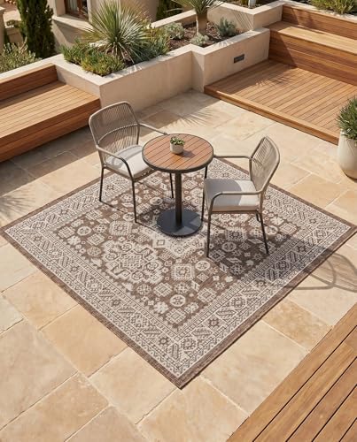 Rugs.com - Outdoor Aztec Rug – 5 Ft Square Brown Indoor/Outdoor Rug – Durable, Easy-Clean, Perfect for Patios and Porches - Image 4