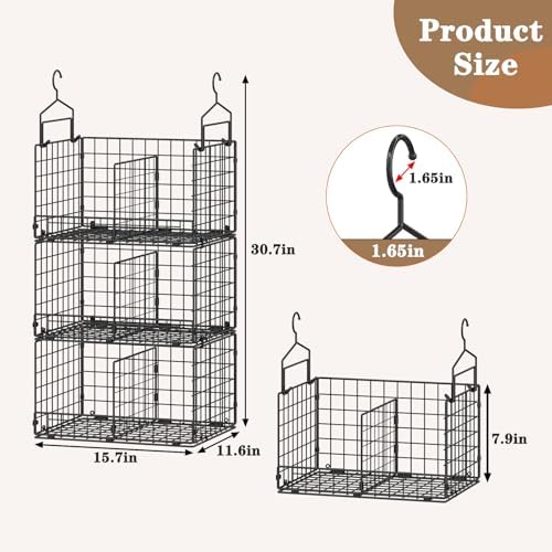 Sonyabecca 3-Tier Extra Large Closet Hanging Organizer with Dividers, Clothes Hanging Shelves with 2 Hanging Hooks & 5 S-Hooks, Wire Storage Baskets for Sweaters, Shoes, Handbags & Accessories - Image 2