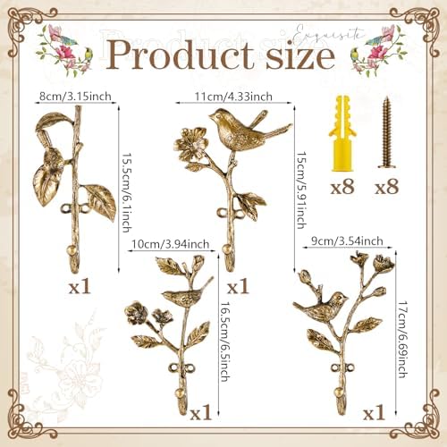 4 Pack Vintage Bird Hooks for Wall Decorative Hooks,5.9 to 6.7 in - Image 2