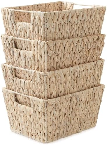 Casafield Set of 4 Water Hyacinth Storage Baskets with Handles - Whitewash White, Woven Storage Bins for Shelves, Blankets, Laundry Organization - Image 2