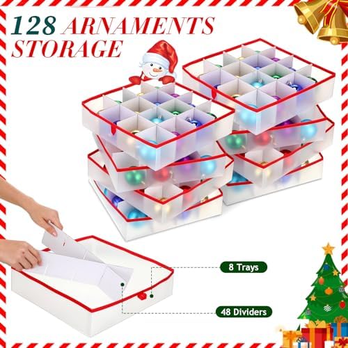 Hosuly 2 Pcs Plastic Christmas Ornaments Storage Box with Dividers, Zippers, 8 Trays,128 Slots, Christmas Storage Containers Xmas Ornaments Organizer for Holiday Balls Ornaments(Snowflake) - Image 4