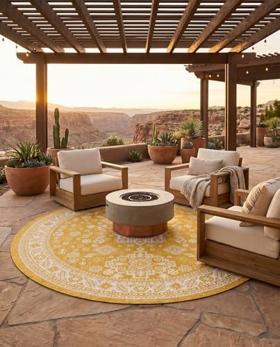 Rugs.com - Outdoor Aztec Rug – 10 Ft Round Yellow Washable Indoor/Outdoor Rug – Flatweave Tribal Design for Patios, Decks, and Porches - Image 5
