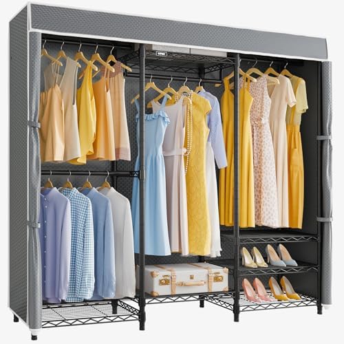 VIPEK V5C Medium Covered Clothes Rack Heavy Duty Portable Closet Wardrobe, Freestanding Black Clothing Rack with Grey Upgraded Polyester Cover, Adjustable Custom, 56.7" Lx15.7 Wx76.4 H by VIPEK