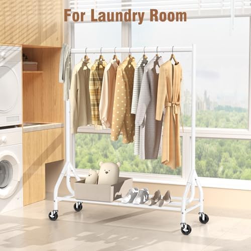 EAGMAK Heavy Duty Clothes Rack Load 420 LBS, 47.2" Long Rolling Garment Rack with Lockable Wheels, Standing Metal Clothing Hanger, Portable Wardrobe Sturdy Coat Organizer for Hanging Clothes (White) - Image 6