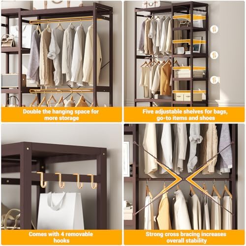 Homykic Bamboo Clothing Rack with 7 Adjustable Shelves, 2 Rods, Espresso - Image 5