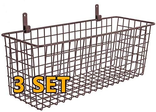3 Set [Extra Large] Hanging Wall Basket for Storage, Wall Mount Sturdy Steel Wire Baskets, Metal Hang Cabinet Bin Wall Shelves, Rustic Farmhouse Decor, Kitchen Bathroom Organizer, Brown - Image 5