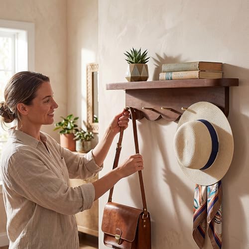 Lewtemi Wall Mount Coat Rack with Shelf 16.5" Scalloped Walnut with 5 Hooks - Image 6