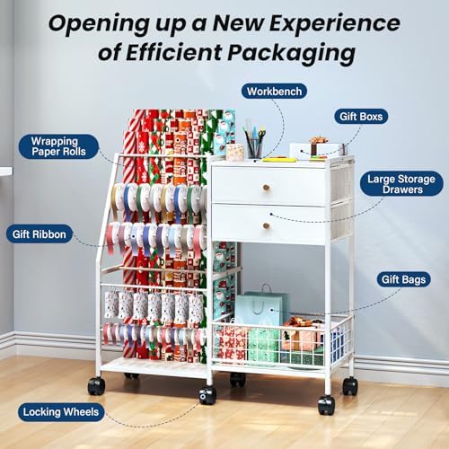 TC-HOMENY Wheeled Wrapping Paper Organizer Gift Wrap Ribbon Rack Blueprint - Image 7