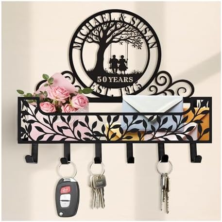 Personalized Metal Family Name Key and Mail Holder, Wall Mount Entryway Organizer with Hooks, Custom Key Rack for Kitchen, Bathroom, and Home Storage by custommetalsign