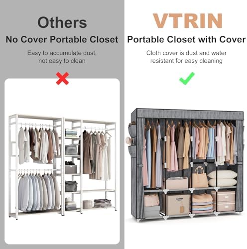 VTRIN Portable Closet for Hanging Clothes 67 Inch Wide Large Capacity Portable Wardrobe Closet with Cover, 4 Storage Shelves and 4 Hanging Rod Sturdy Free Standing Closet for Bedroom, Printing - Image 7
