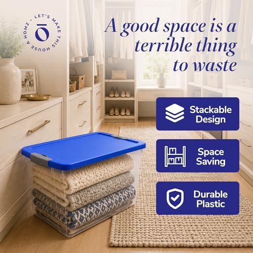 HOMZ 4-Pack Secure Latch, Clear Plastic Storage Organizer Bins, 64 Quart, Blue Lid - Stackable Container Boxes for Bedroom, Bathroom, Garage, and Office Organization - Image 5