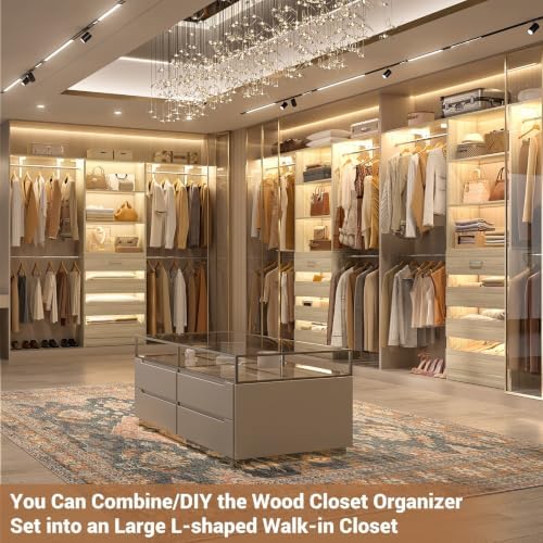 Aheaplus Closet System with Drawers Set of 2, Wood Closet Organizer System with 8 Hanging Rods & Top Shelves, Walk-in Closets Organizer Wardrobe Clothes Rack, Cut Fits Spaces 4-9FT. Wide, White Oak - Image 5