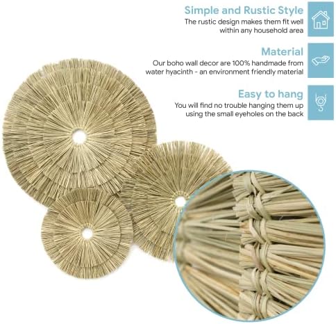 VATIMA Boho Wall Décor – Simple Oversized Wall Basket Décor for Home and Office – Seagrass Wicker Basket Wall Décor Set – 3pcs Flat Baskets – Easy to Hang – Handmade Design – Small/Medium/Large - Image 3