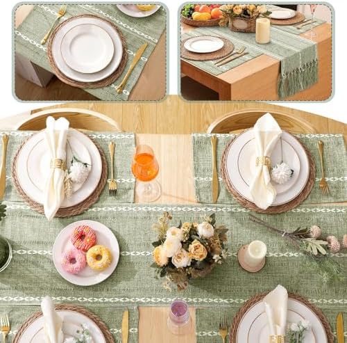 Long Table Runner and Round Woven Placemats Set, 6 Sets, Sage Green - Image 6