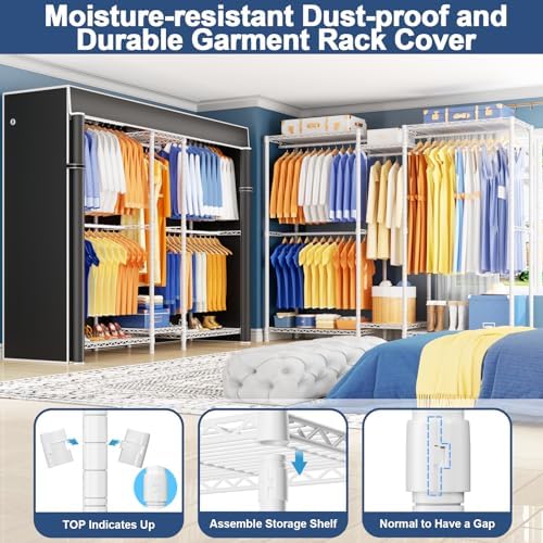 Ulif E12C Pro Heavy Duty Closet Organizer System，Freestanding Clothing Racks for Hanging Clothes，Adjustable Garment Rack 71"W x 16"D x 76.5"H Hold 960lbs，White Clothing Rack with Black Dustproof Cover - Image 4