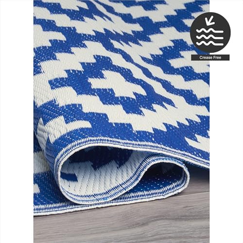FH Home Outdoor Rug - Waterproof, Fade Resistant, Reversible - Premium Recycled Plastic - Geometric - Patio, Porch, Deck, Balcony - Aztec - Blue & White Crease Free - 5 x 8 ft - Image 6