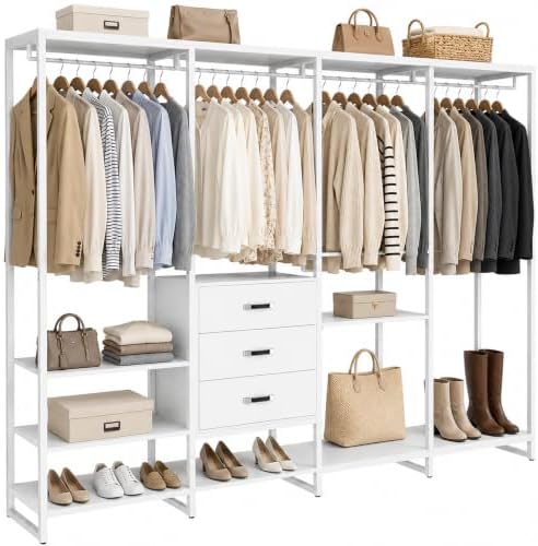 Freestanding Closet Organizer System with 3 Drawers, 6FT Heavy Duty Clothing Rack with Shelves and 6 Hanging Rods, Large Corner L Shaped Garment Rack, White by Besiost