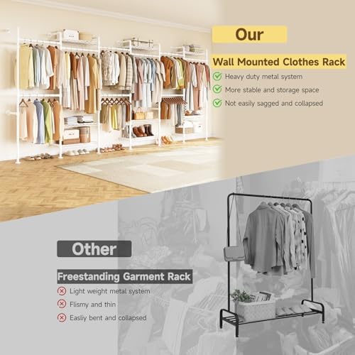 H6 Wall Mounted Closet System, Industrial Pipe Clothes Rack Clothing Racks with 6 Telescopic Rods & 3 Fixing Rods & 9 Shelves, Heavy Duty Closet Organizers and Storage in Wardrobe Closet (White) - Image 6